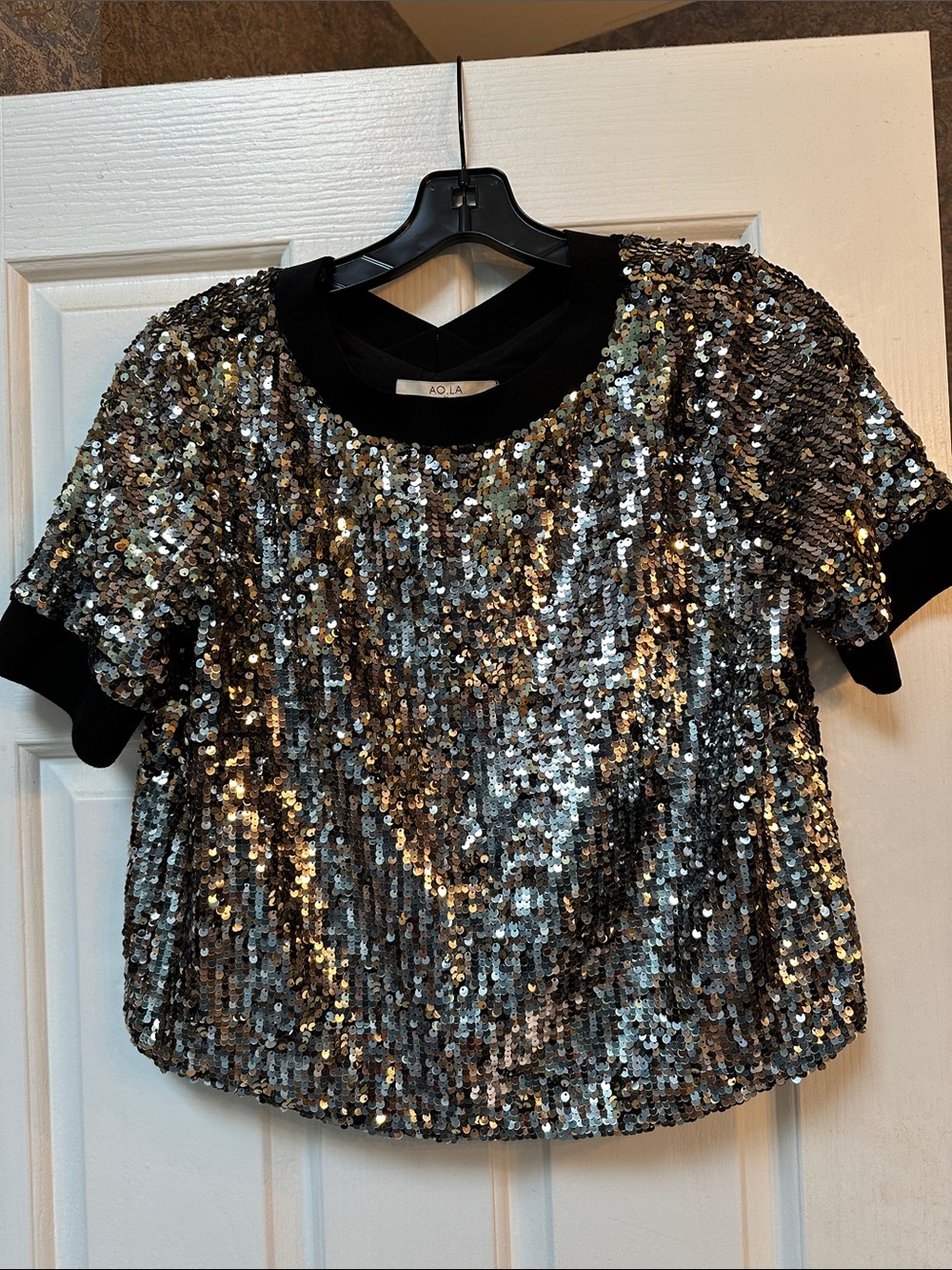 Alice + Olivia Silver Sequin Short Sleeve Tee with Black Trim